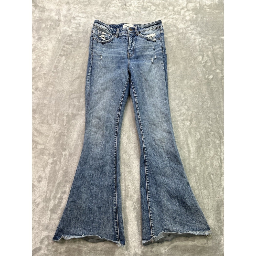 BKE Billie Flare Jeans Women 28x31.5 Blue Medium Wash Slim Fit High Rise Raw Hem